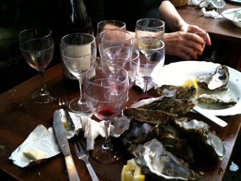 Empty glasses and plates at Le Baron Rouge